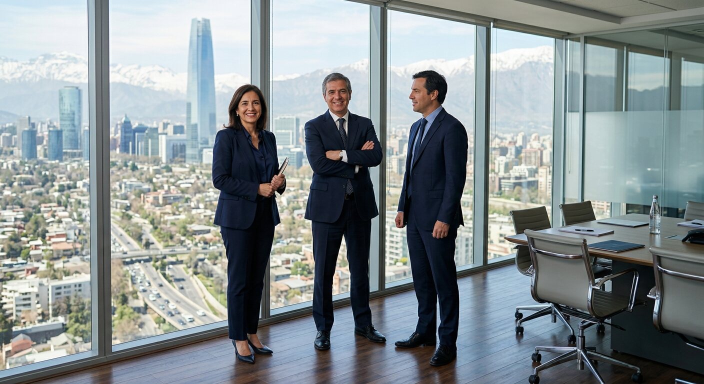 Tres ejecutivos senior de Alfa Partners en una oficina de piso alto