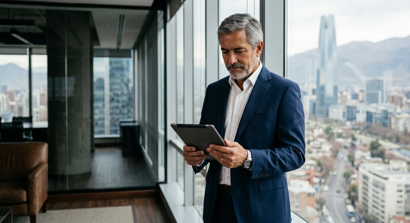 Socio Director de Alfa Partners junto a la ventana con una tablet